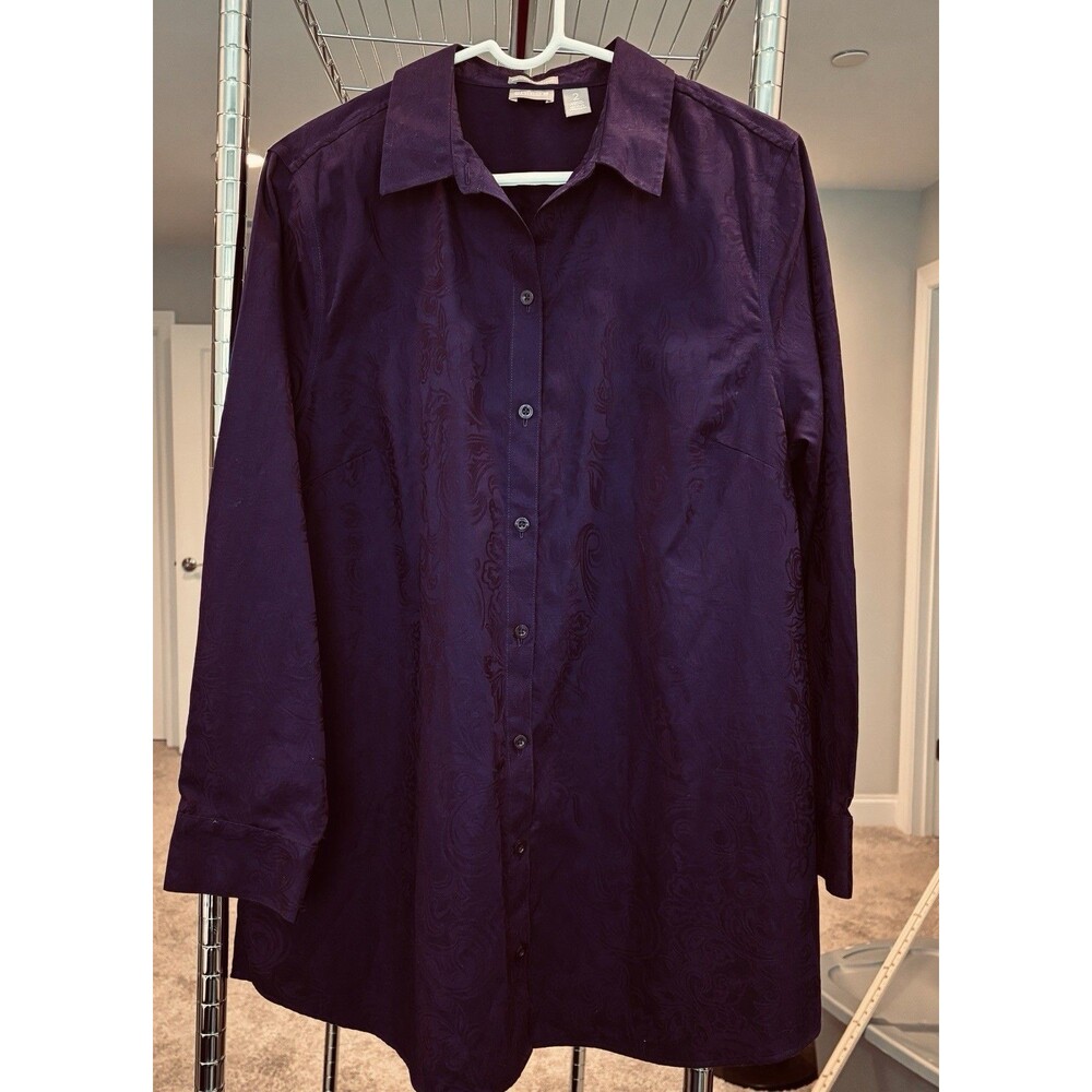 Chico's women's wrinkle resistant Purple paisley jacquard Tunic Sz 2 Large